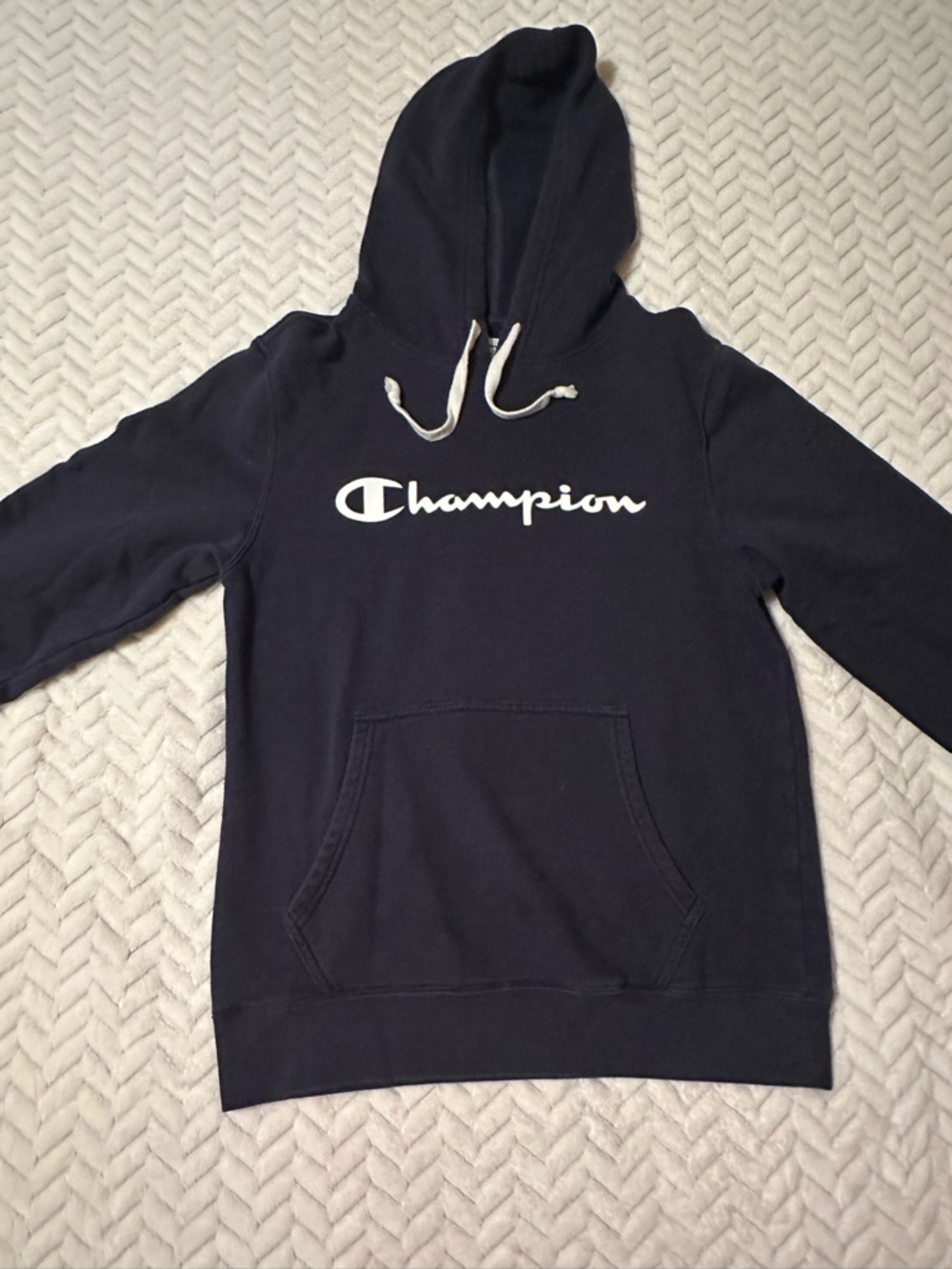 Champion Navy Pullover Hoodie with White Script Logo Size Medium